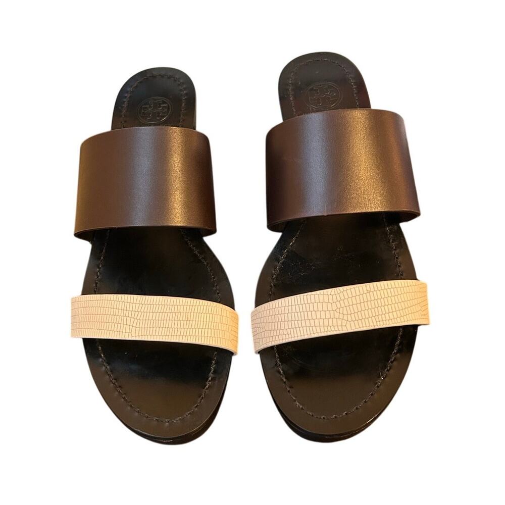 Tory Burch 60mm Wedge Slide Sandals, thick smooth leather strap size 8.5